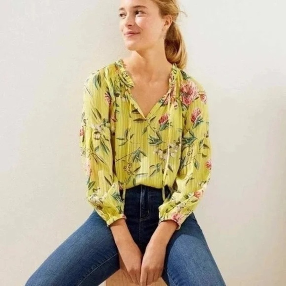 Ann Taylor LOFT Protea and Eucalyptus Floral Pleated Yellow Women's Top